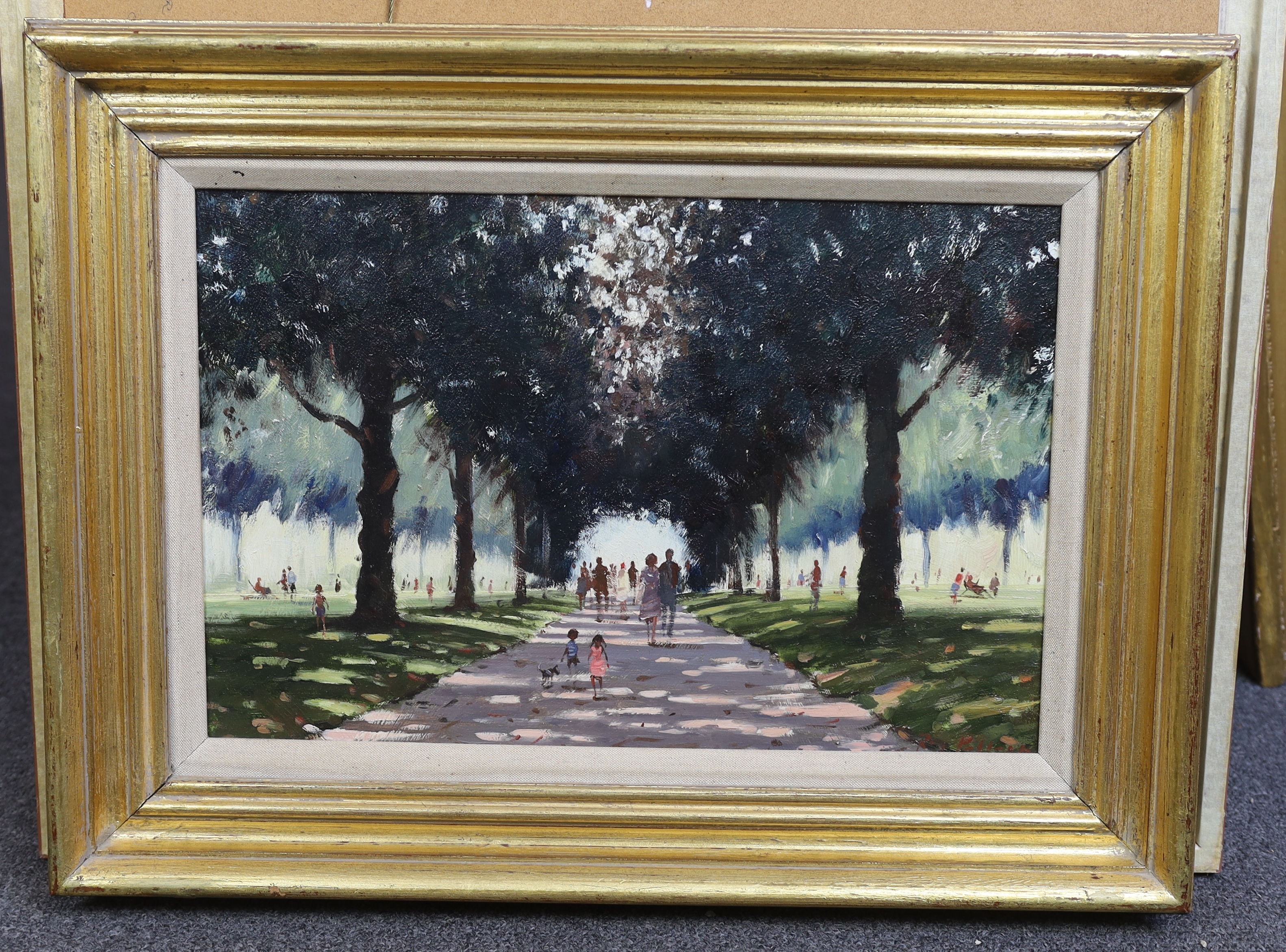 Roy Petley (English, b.1950), Figures in a park, oil on board, 29 x 44cm